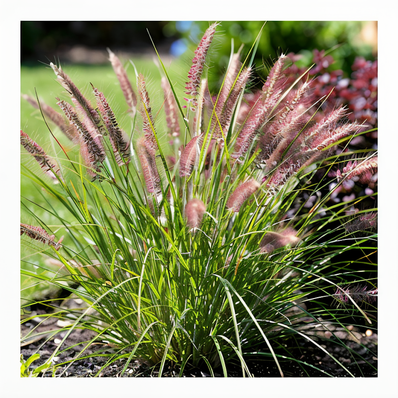 Pennisetum alopecuroides 'Foxtrot' in un giardino naturalistico con spighe dorate