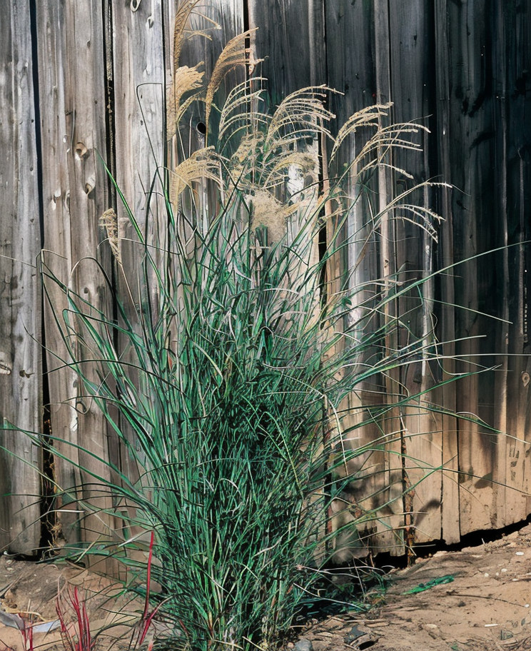 Miscanthus sinensis 'Graziella' in pieno sole con spighe fiorali argentate che danzano nel vento