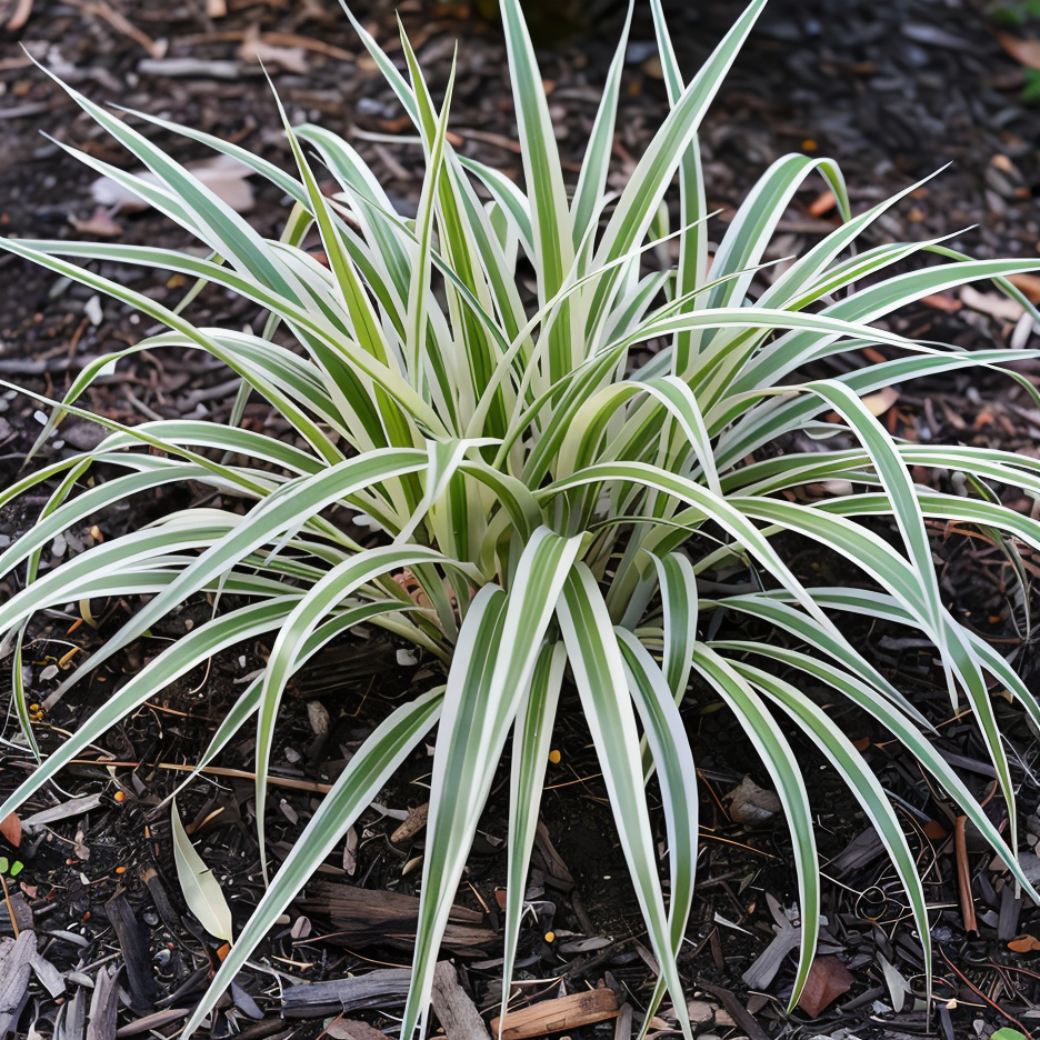 Hakonechloa macra 'Albostriata' in bordura ombreggiata, fogliame variegato verde e bianco.