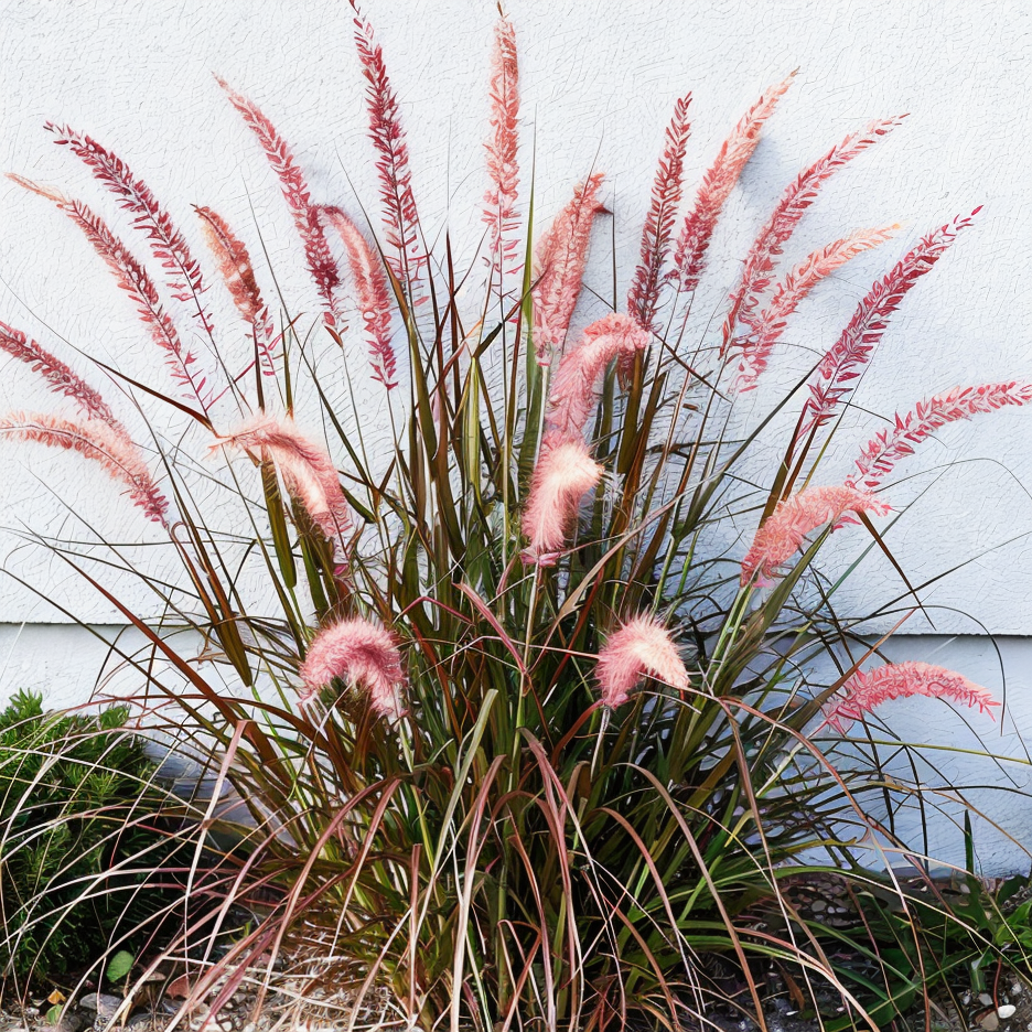 Pennisetum orientale Flamingo con spighe rosa-violacee in giardino naturalistico