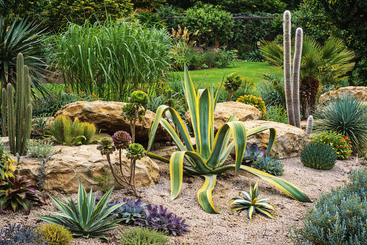 Dry garden con agave, piante grasse e rocce decorative.