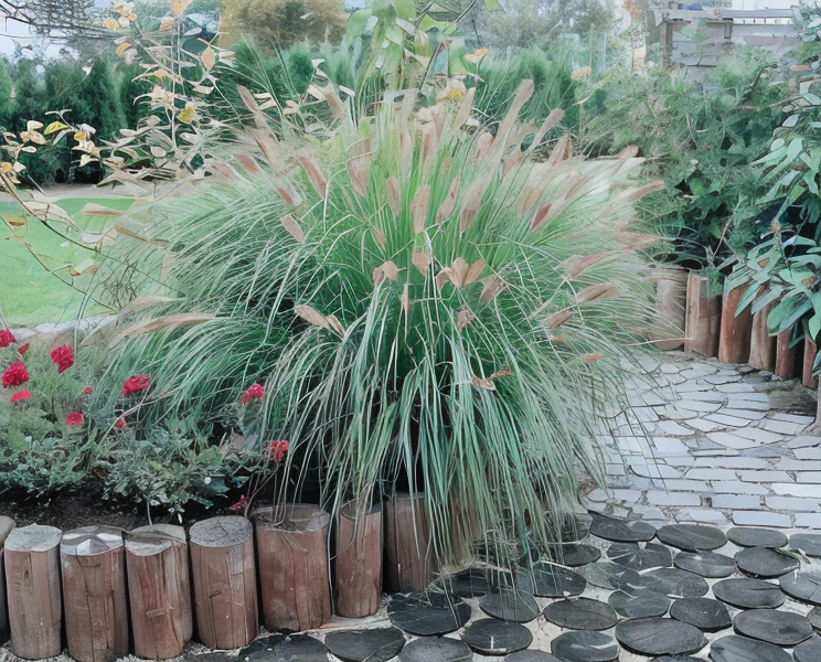 Pennisetum ornamentale a cespuglio con spighe soffici color crema, in aiuola bordata da tronchetti di legno in giardino.