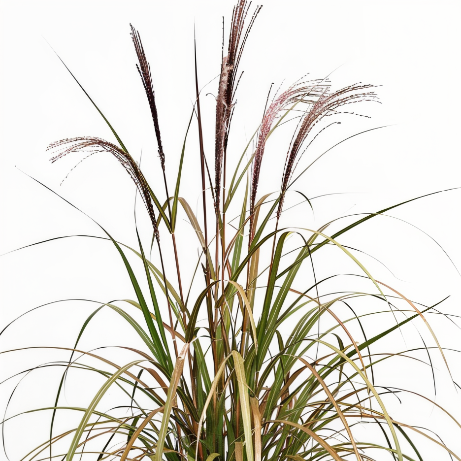Miscanthus sinensis 'Brazil' con spighe argentate in un giardino al tramonto