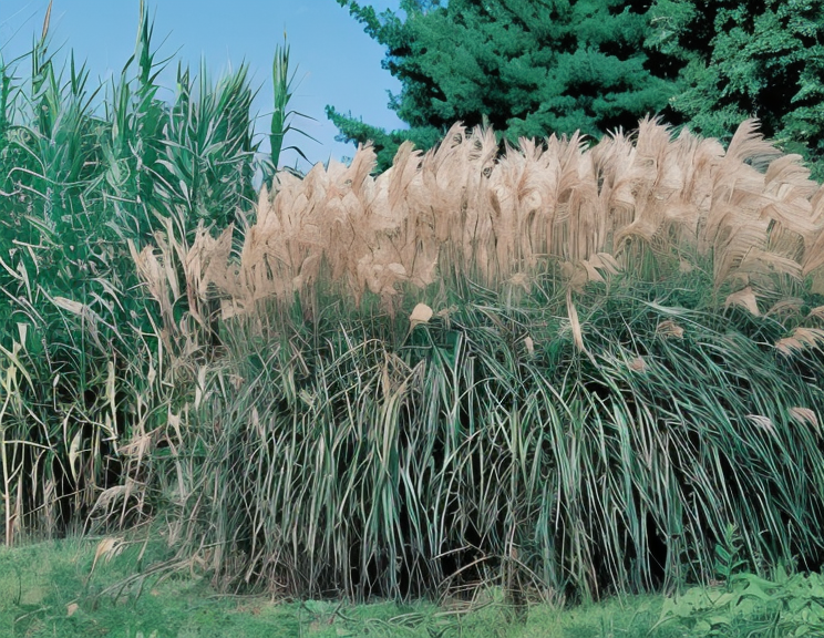 Miscanthus sinensis Malepartus con spighe piumose rosso-bronzo in giardino naturalistico autunnale