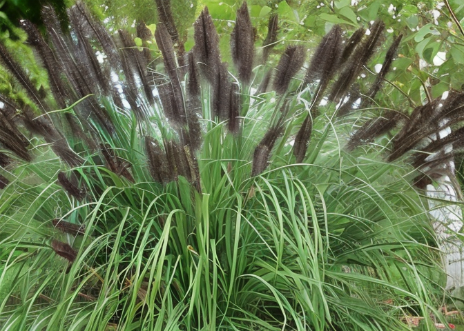 Dettaglio spighe piumose color crema del Pennisetum alopecuroides Cassian tra il fogliame verde