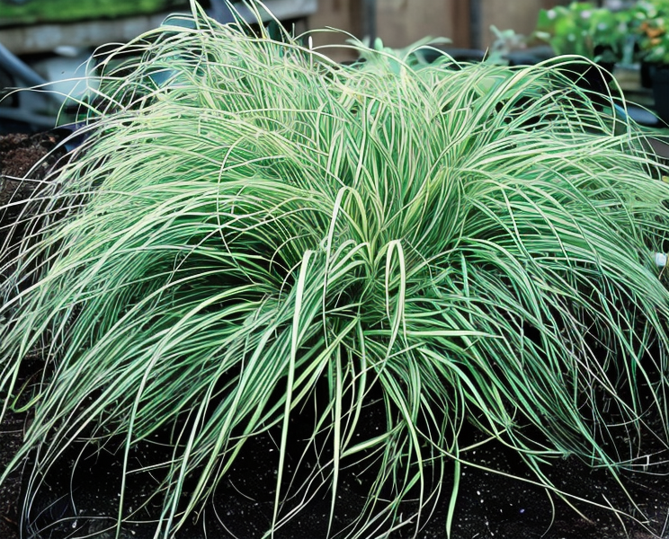 Carex oshimensis Evergold pianta intera con foglie verdi striate di giallo crema in giardino