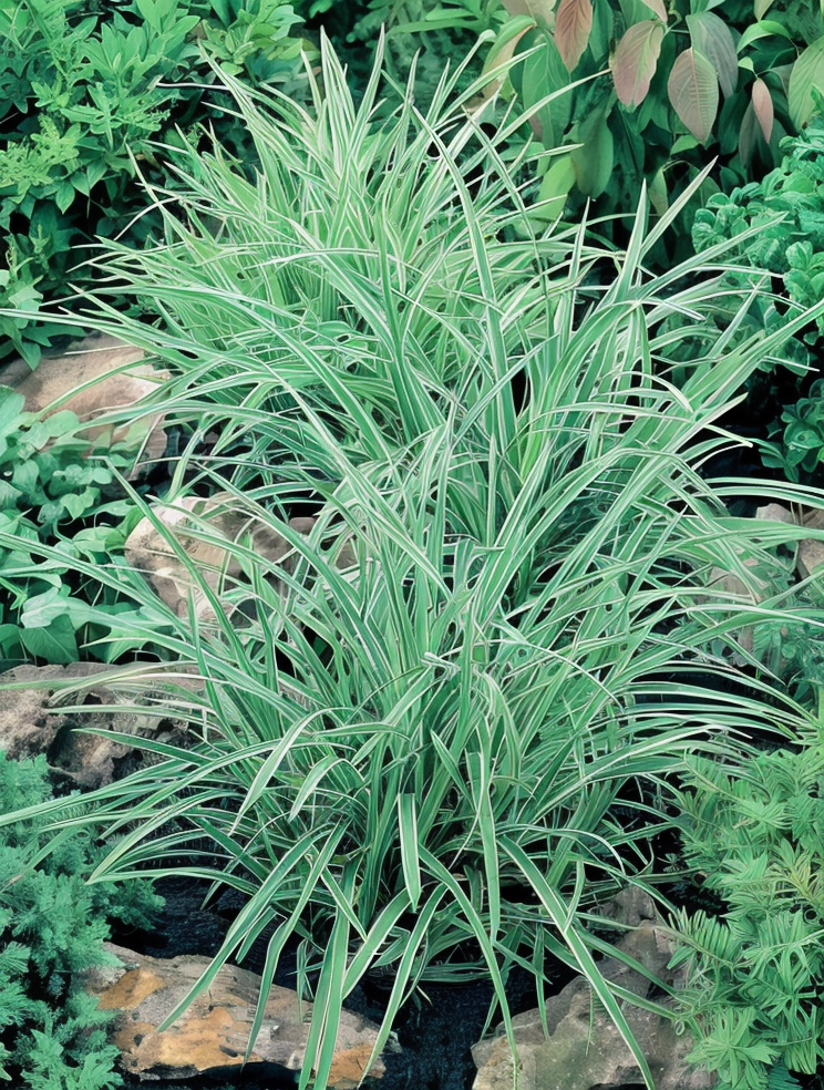 Dettaglio delle foglie striate verde scuro e bianco crema del Carex morrowii Ice Dance