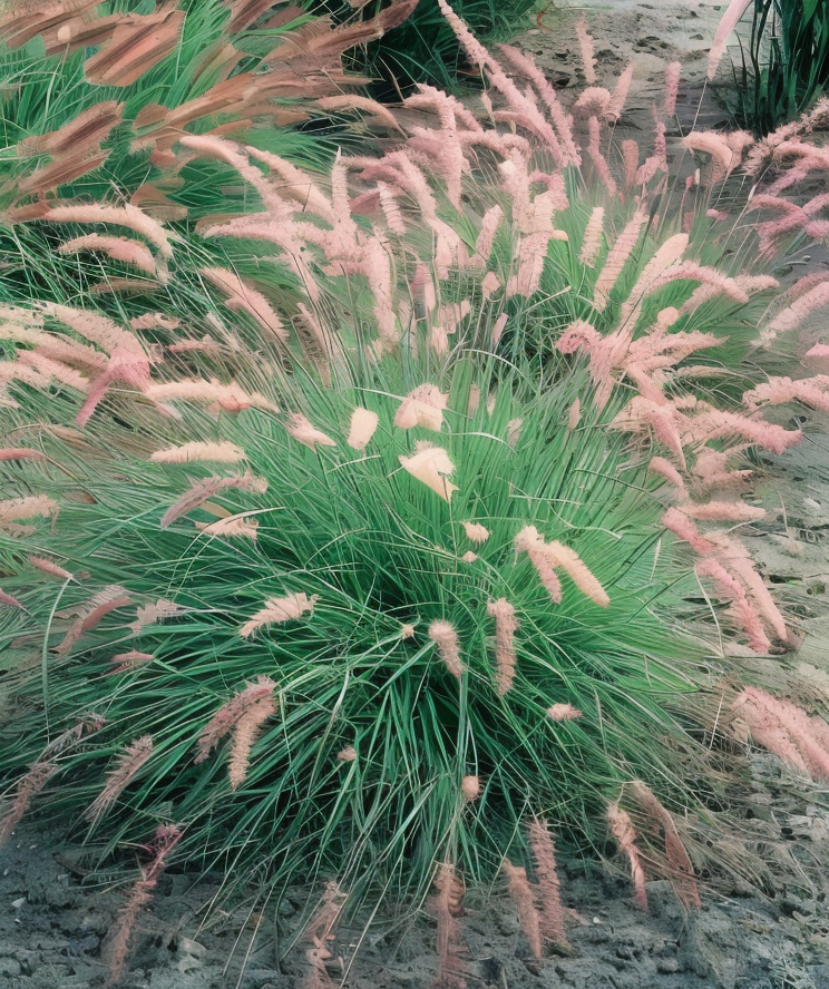 Dettaglio delle caratteristiche spighe rosa-salmone del Pennisetum orientale Flamingo