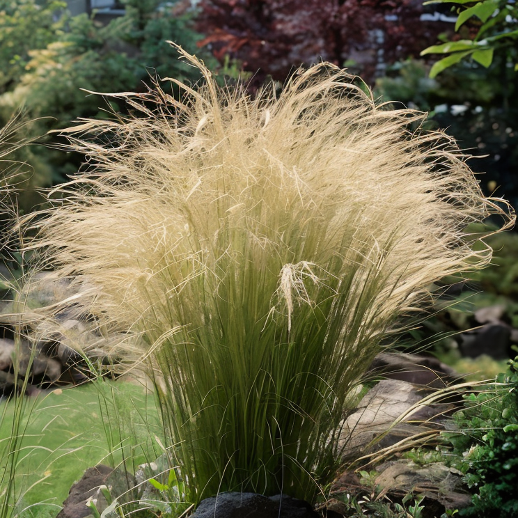 Cespo di Stipa tenuissima in giardino naturalistico estivo