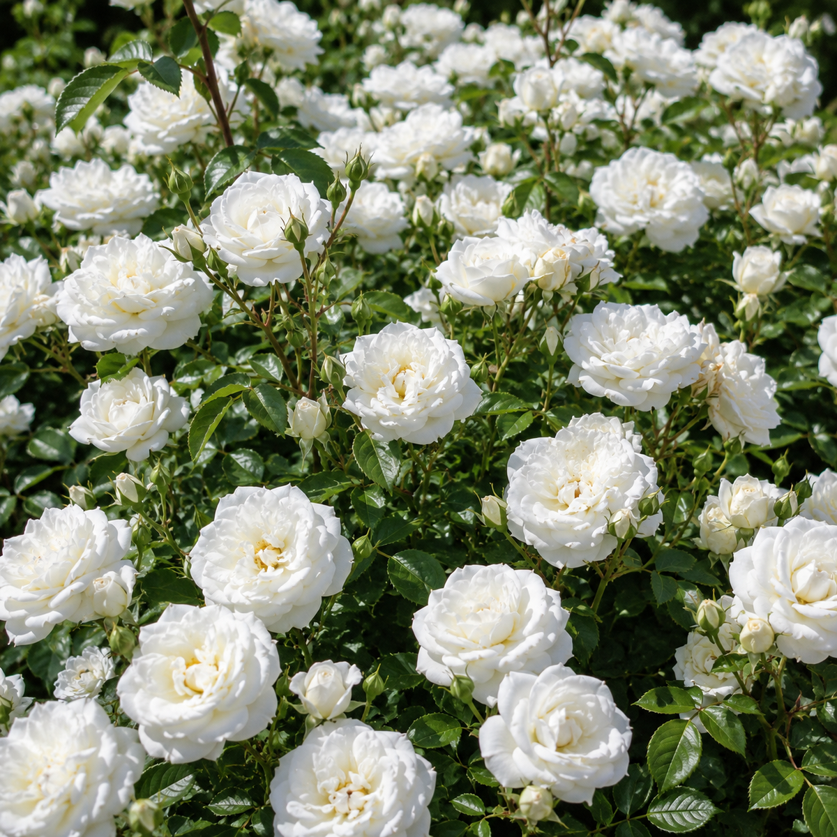 Fiori bianchi di rosa ‘White Meicoublan’ ravvicinati.