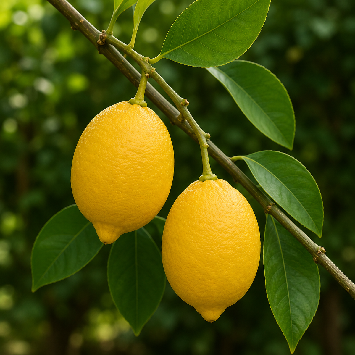 Dettaglio di limoni di Sorrento maturi appesi ai rami illuminati dalla luce naturale